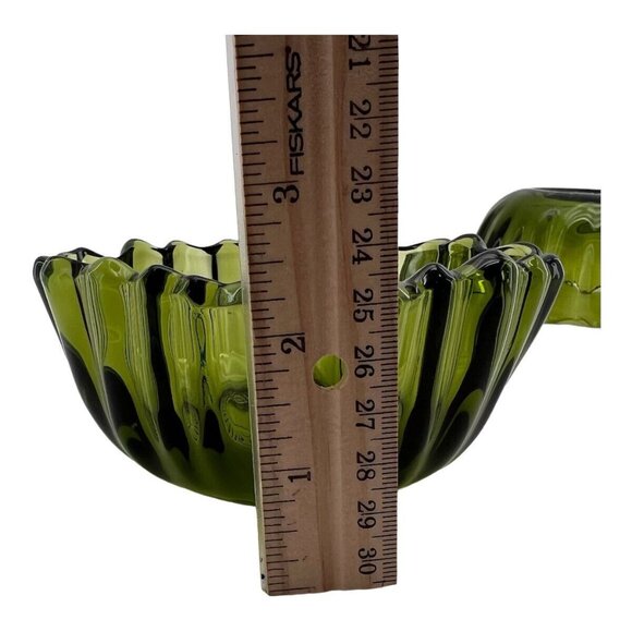 Vintage MCM Indian Glass Footed Bowls Footed Avacado Green Sunflower Scalloped - Picture 11 of 13